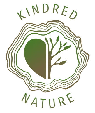Kindred Nature Logo A logo with half of a heart and half of a tree silhouette within tree rings, and the words Kindred Nature curved around the top and bottom, with a gradient of green and brown colors.